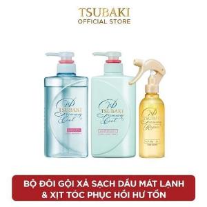 Bộ đôi gội xả sạch dầu mát lạnh và Xịt dưỡng tóc phục hồi hư tổn Tsubaki
