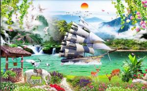 Tranh phong thủy thuyền buồm - tranh gạch 3d ốp tường - SBV4