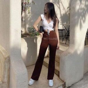 Quần ống loe cạp cao 2 cúc dáng dài