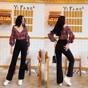 Quần ống loe cạp cao 2 cúc dáng dài