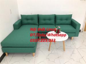 Bộ bàn ghế sofa góc L phòng khách màu xanh ngọc giá rẻ mềm ở Đức Hòa Long An