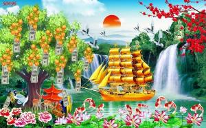 Gạch tranh 3d - tranh thuyền buồm vàng