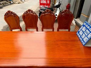 Bộ bàn ghế ăn hoa lá tây ván tràn bàn chữ nhật gỗ gõ đỏ