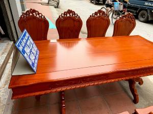 Bộ bàn ghế ăn hoa lá tây ván tràn bàn chữ nhật gỗ gõ đỏ