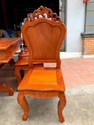 Bộ bàn ghế ăn hoa lá tây ván tràn bàn chữ nhật gỗ gõ đỏ
