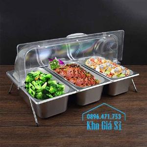 Lồng khay inox 3 ngăn có nắp đậy trong suốt kiểu mái vòm mở 2 chiều đựng trưng bày và bảo quản đồ ăn trong siêu thị