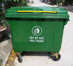 Thùng rác 660lit màu xanh lá, xe gom rác 660L nhựa HDPE