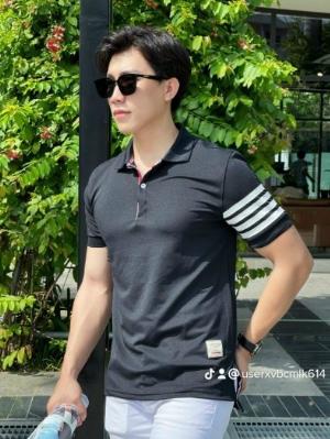Áo thun nam polo cổ trụ sọc tay viền cổ đỏ