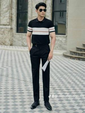 Áo thun nam cổ trụ polo sọc nổi trắng đen sọc đồng