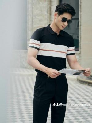 Áo thun nam cổ trụ polo sọc nổi trắng đen sọc đồng