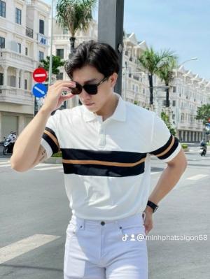 Áo thun nam cổ trụ polo sọc nổi trắng đen sọc đồng