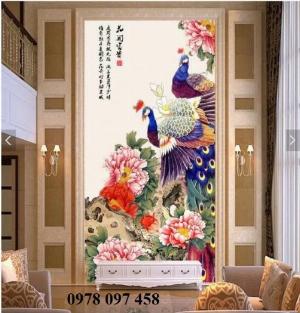 Tranh gạch đôi chim công