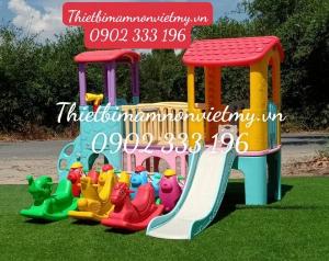Bán cầu trượt liên hoàn ngoài trời, bộ nhà khối, cầu trượt 2 khối cho bé
