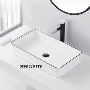 Lavabo chữ nhật trắng viền đen-chậu bàn đá