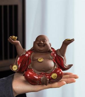 Mẫu tượng Phật Di Lặc bằng gốm tử sa tráng men bóng