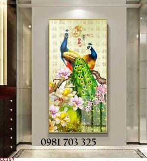 Tranh gạch trang trí tường, tranh 3D chim công khổ đứng