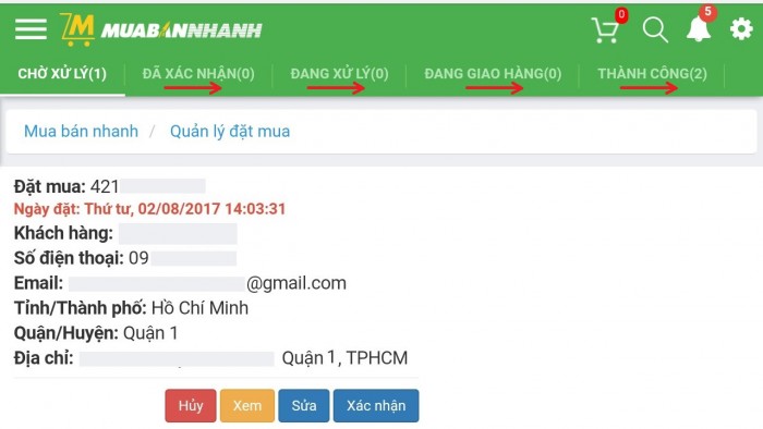 Trượt ngang để chuyển trạng thái đơn hàng