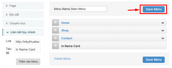 Chọn Save Menu để thêm Danh mục vào Menu