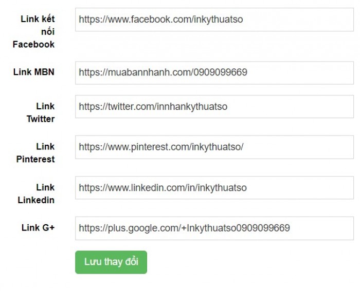 Cập nhật các link mạng xã hội