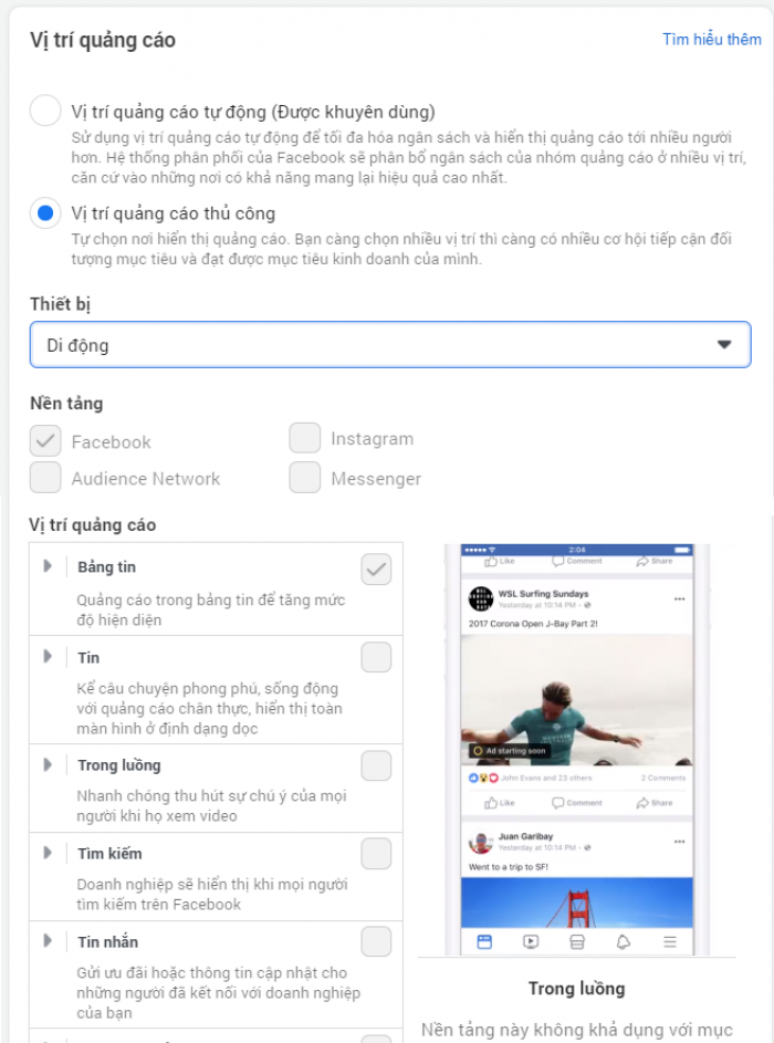 Bước 5. Chọn vị trí quảng cáo Facebook của bạn