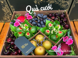 Hộp quà biếu dạm ngõ, trái cây & trầu cau, hoa tươi - Hộp gỗ nắp kiếng thuận tiện mang lên máy bay từ TPHCM